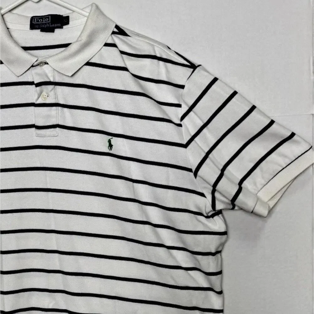 Polo Ralph Lauren White Blue Striped Short Sleeve Polo Shirt - Men's Size XL